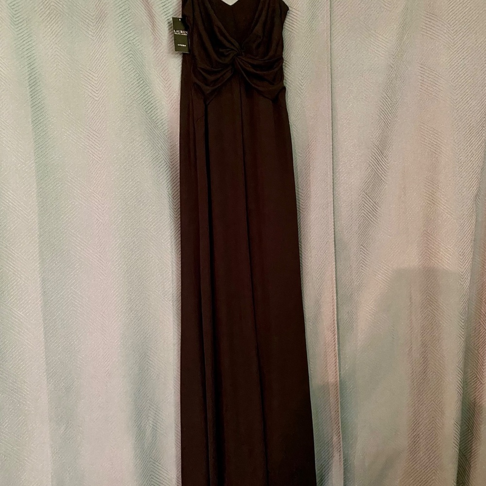 New! 8 Lauren Ralph Twist Back Black Gown Jersey Maxi Dress Chain Straps, Formal - Picture 5 of 15